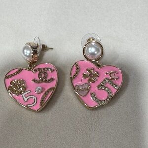 CHANEL Pink and Gold Heart Earrings with Pearl Accents..